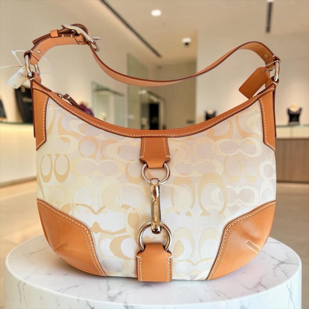 NWT Coach Hampton Hobo 11811 Y2K Signature Canva Tan Leather Purse Handbag Bag